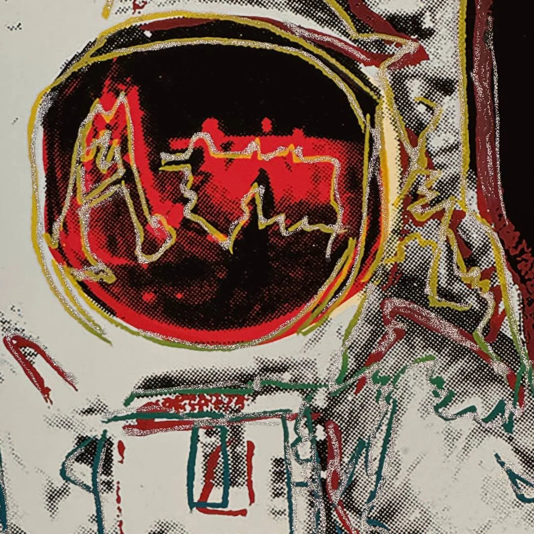 Abstract artwork with a central red circle and surrounding geometric shapes.