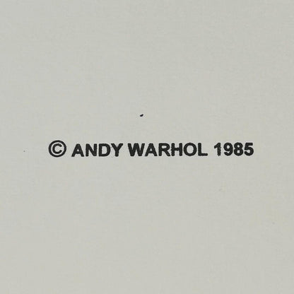 Copyright notice for Andy Warhol with the year 1985 on a plain background
