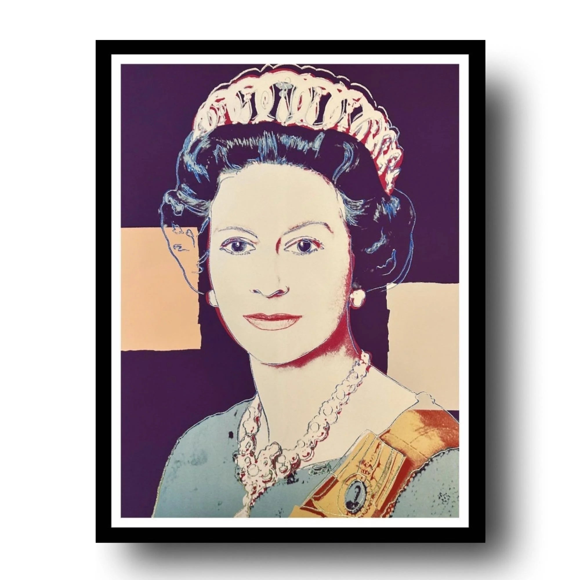 Framed artwork of a portrait of Queen Elizabeth with a purple background