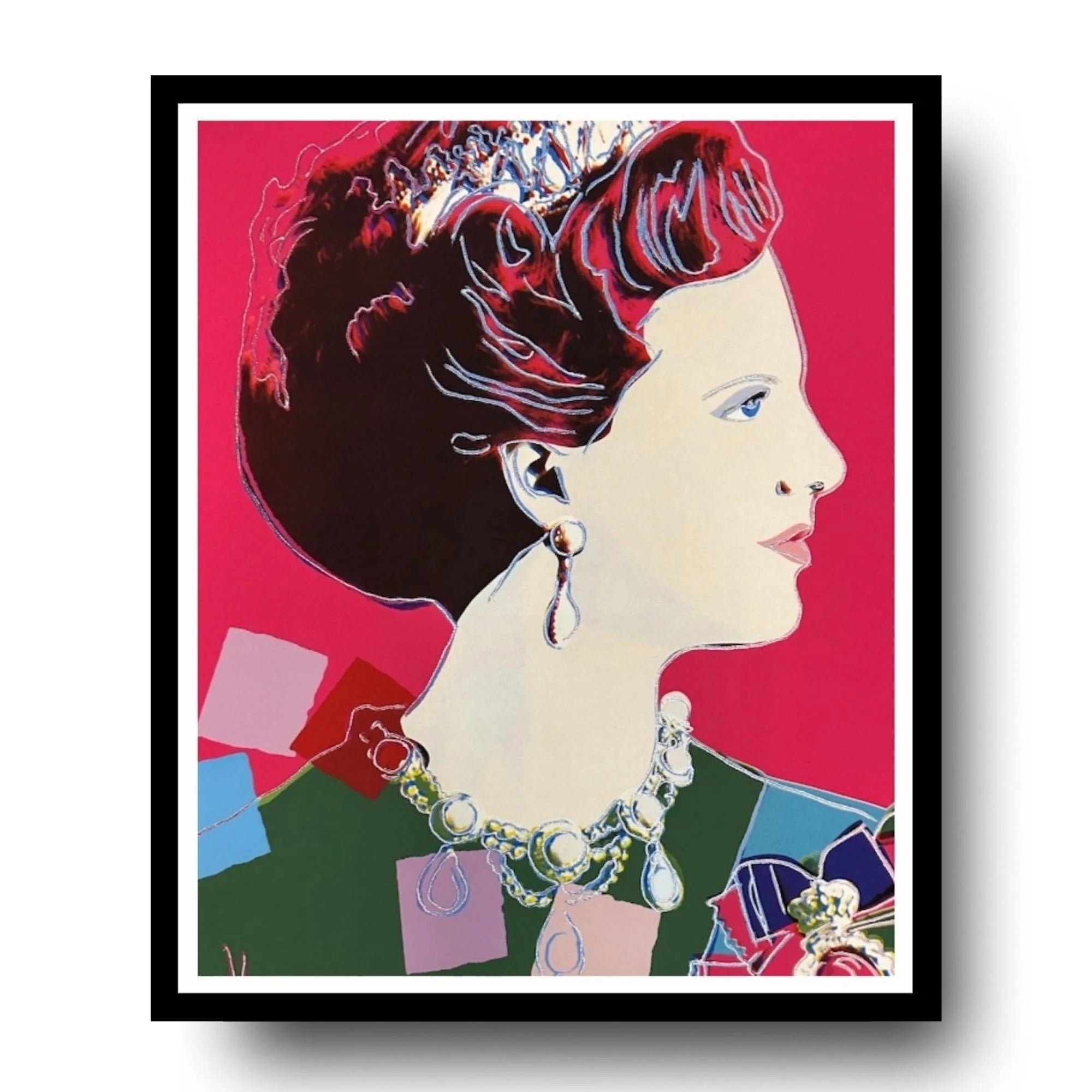 Framed artwork of a stylized portrait with colorful background