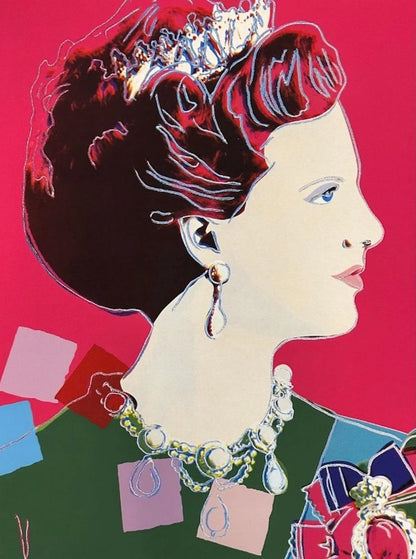 Artistic depiction of a woman's profile with jewelry against a colorful background