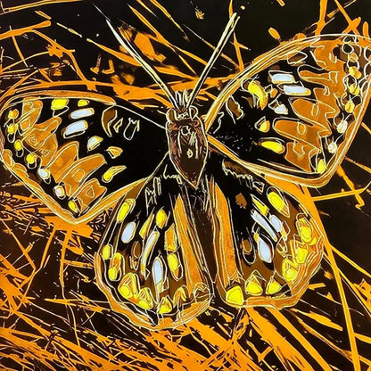 Butterfly illustration with a black and orange abstract background