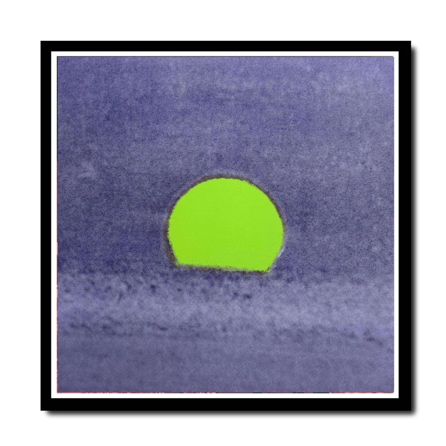 Abstract art with a bright green circle on a textured purple background