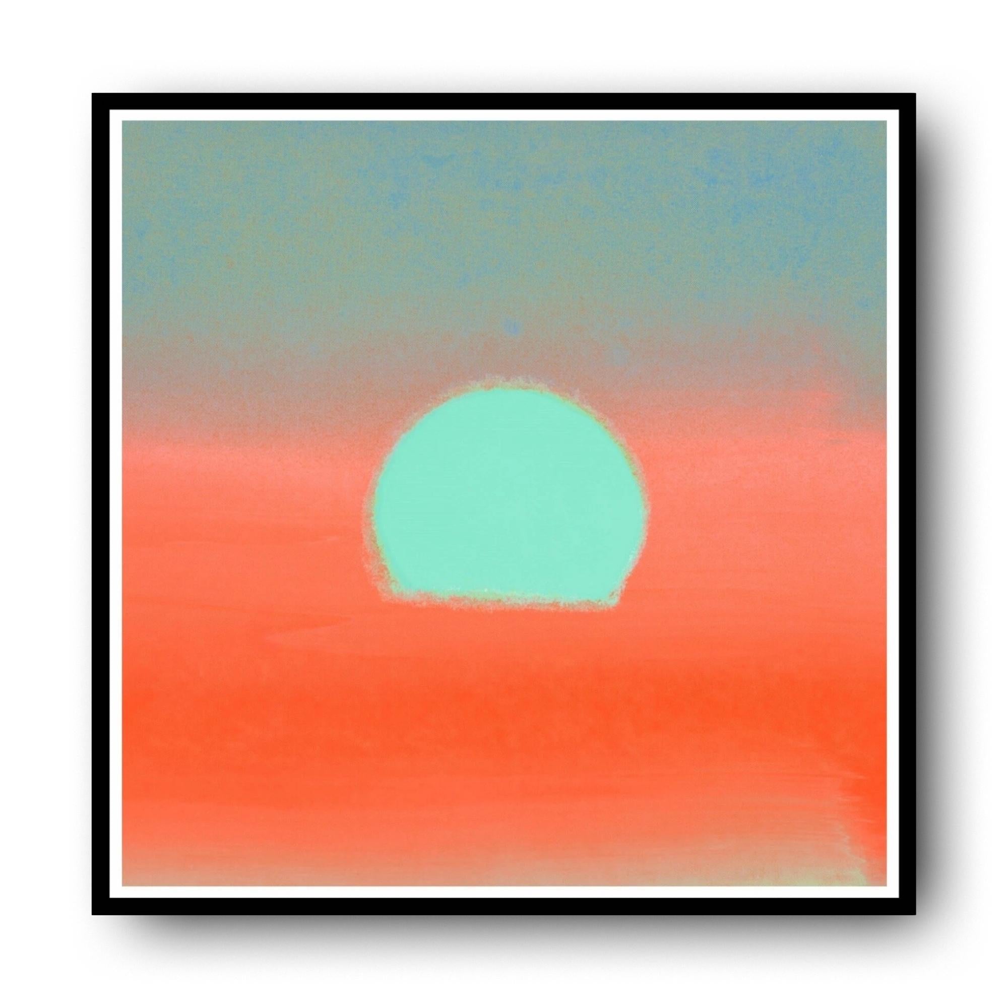 Abstract artwork of a sunset with a green circle sun on a red and blue gradient background
