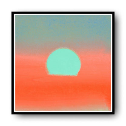 Abstract artwork of a sunset with a green circle sun on a red and blue gradient background