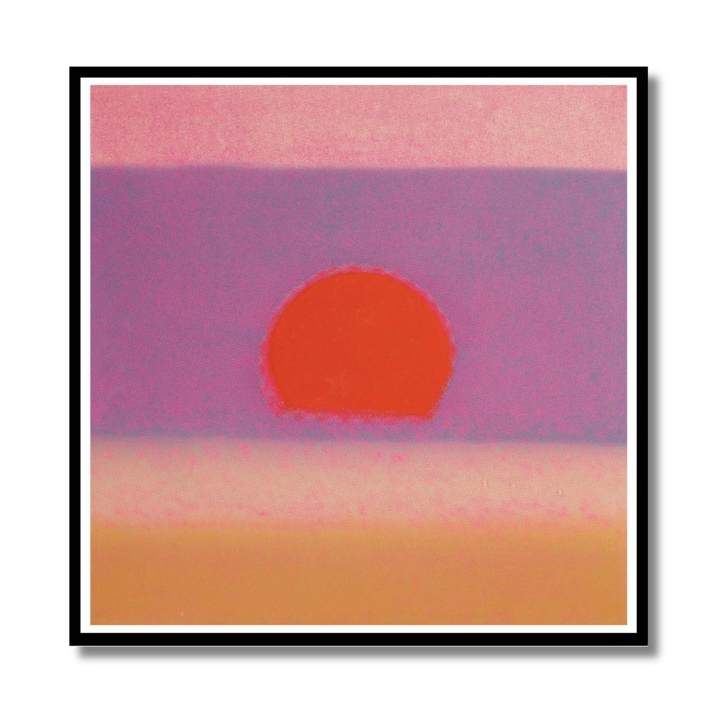 Framed abstract artwork with a red sun on a pink and purple background