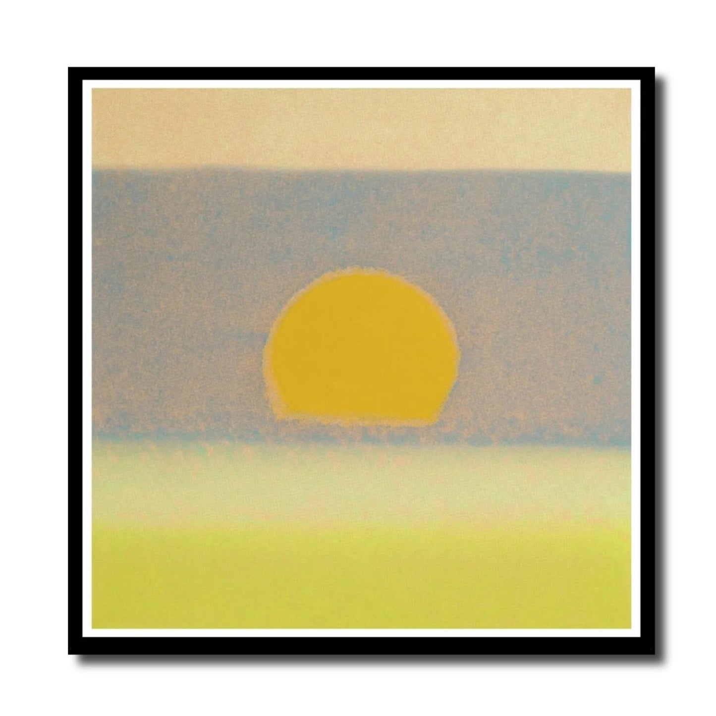 Framed artwork of a stylized sunset with a yellow sun on a beige background
