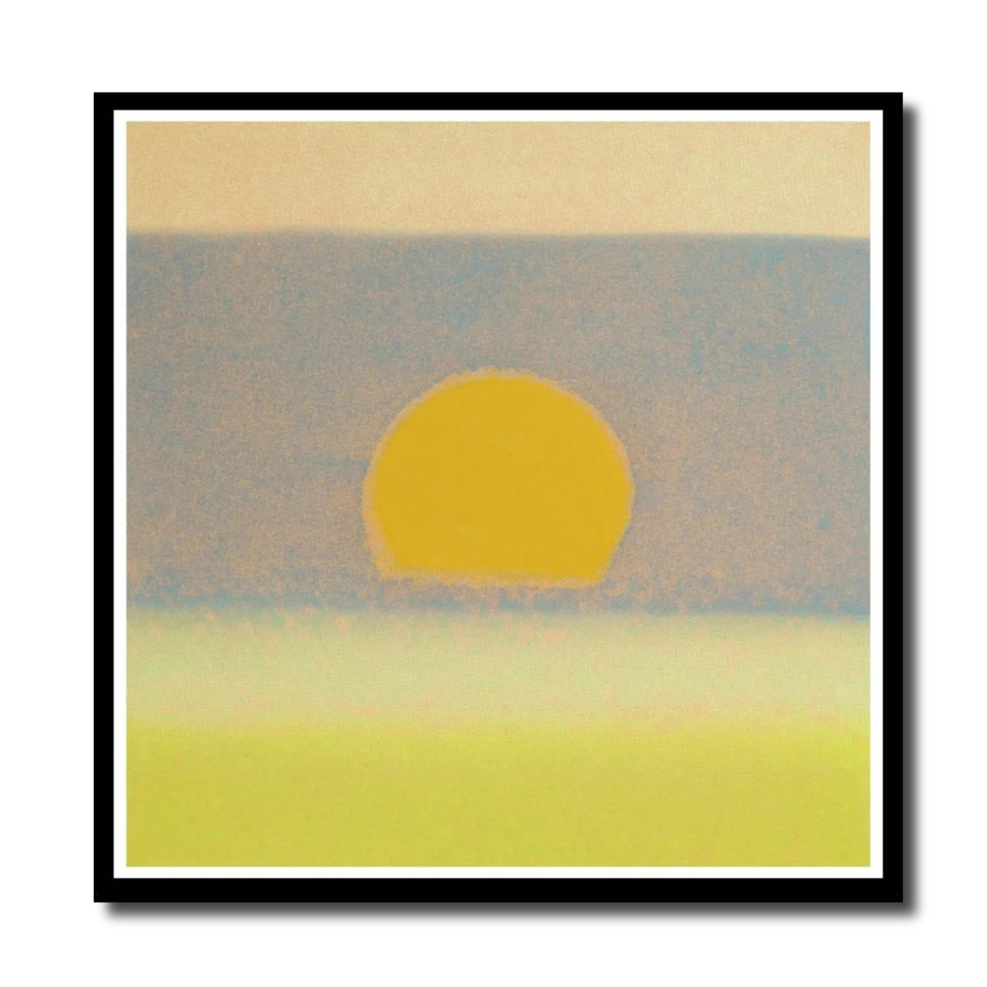 Framed artwork of a stylized sunset with a yellow sun on a beige background