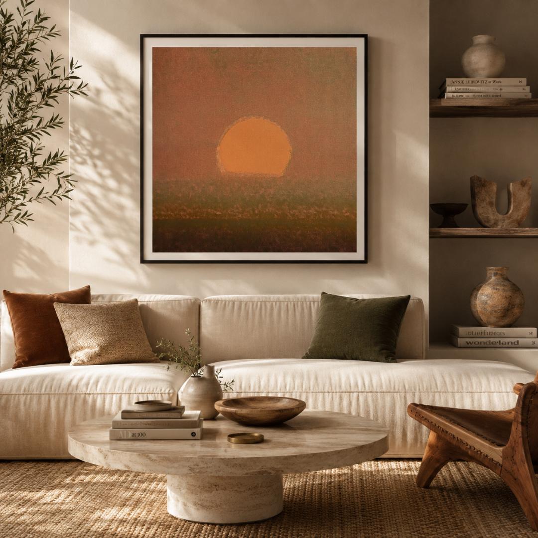 Living room with a beige sofa, wooden coffee table, and wall art of a sunset.