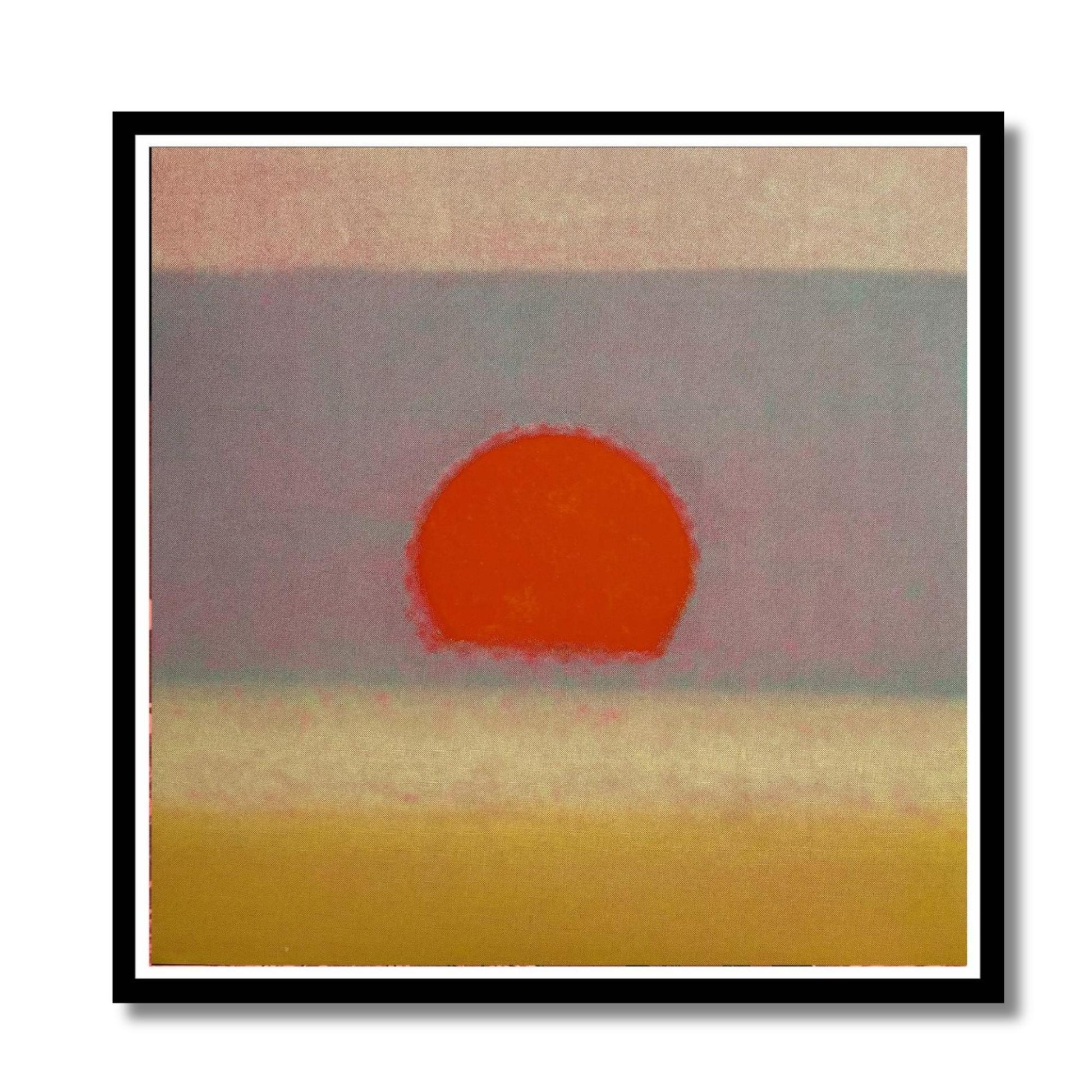 Abstract artwork with a red circle on a beige and gray background