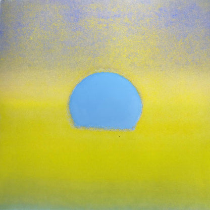 Abstract pastel artwork featuring a central light blue oval shape on a bright yellow background with a soft lavender-blue textured area at the top.