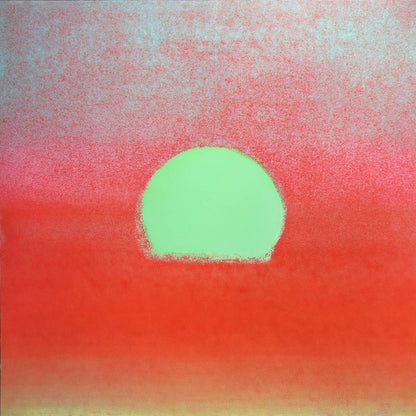 Abstract artwork featuring a light green semi-circle shape centered against a textured red and pink gradient background.
