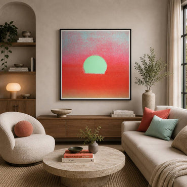 A framed abstract wall art print hangs in a styled living room. The artwork features a soft gradient background transitioning from pale blue-gray at the top to vivid coral-red at the bottom, with a large mint-green oval centered in the middle.