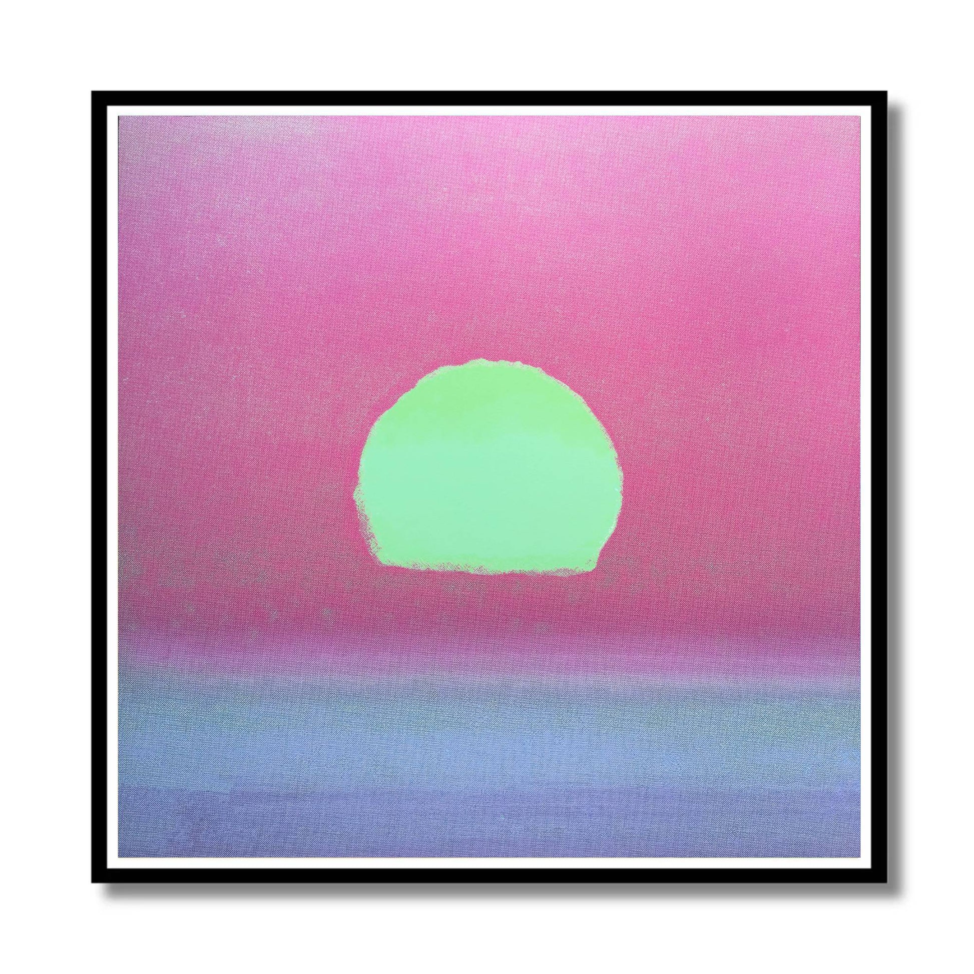A square framed art print featuring a minimalist sunset design with a bright lime green sun over a pink sky and a soft blue horizon, presented on a white background with a black frame.