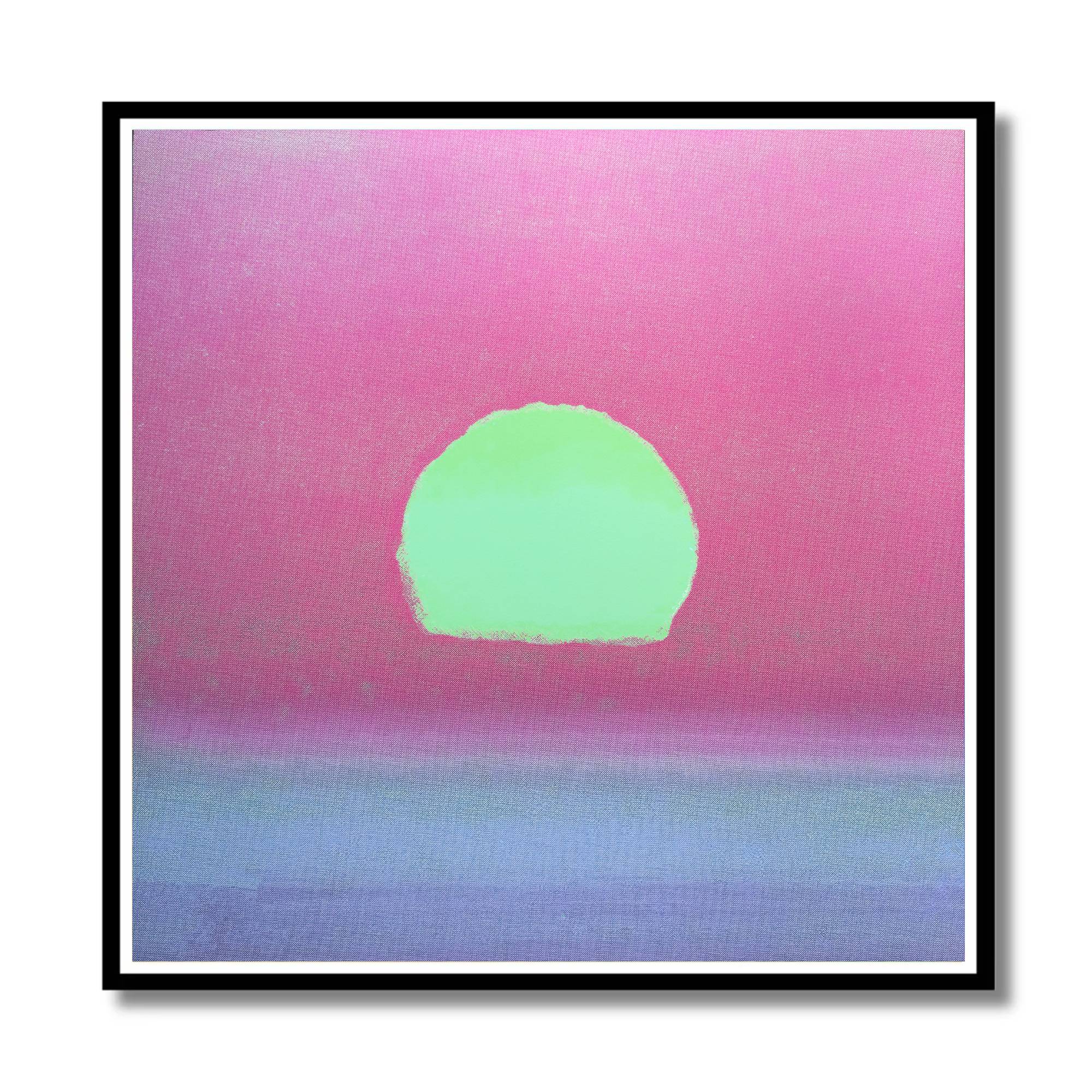 A square framed art print featuring a minimalist sunset design with a bright lime green sun over a pink sky and a soft blue horizon, presented on a white background with a black frame.
