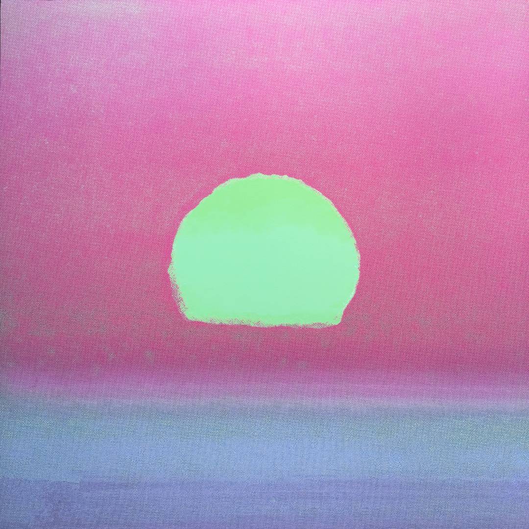 Abstract pastel artwork featuring a pink sky with a mint green sun and a lavender-blue horizon below.