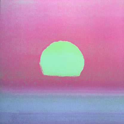Abstract pastel artwork featuring a pink sky with a mint green sun and a lavender-blue horizon below.