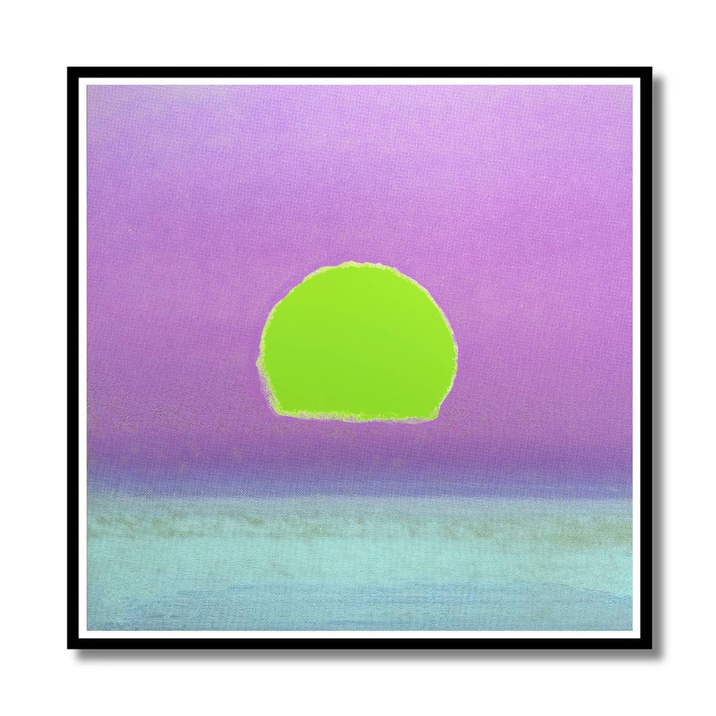 Abstract framed wall art featuring a bright lime green oval shape centered against a lavender-purple background with a pale aqua lower section, shown in a black frame on a white background.