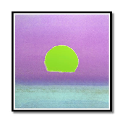 Abstract framed wall art featuring a bright lime green oval shape centered against a lavender-purple background with a pale aqua lower section, shown in a black frame on a white background.