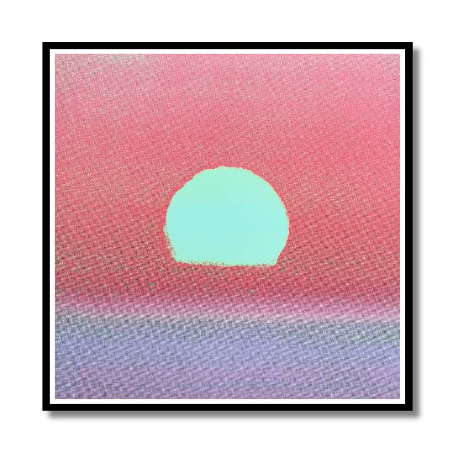 Abstract square wall art featuring a pastel sunset-like composition with a pink sky, a pale mint sun, and a lavender horizon, presented with a black frame and white mat on a light background.