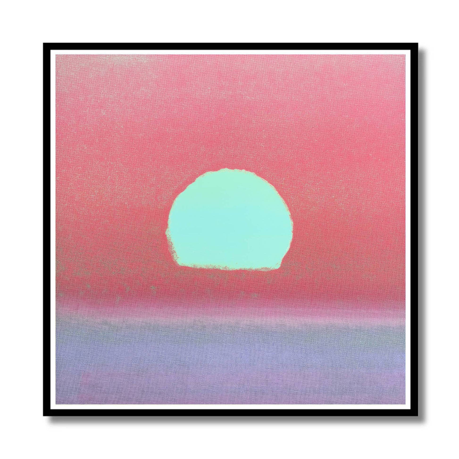 Abstract square wall art featuring a pastel sunset-like composition with a pink sky, a pale mint sun, and a lavender horizon, presented with a black frame and white mat on a light background.