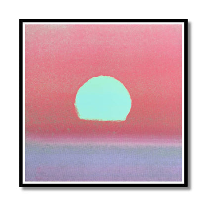 Abstract square wall art featuring a pastel sunset-like composition with a pink sky, a pale mint sun, and a lavender horizon, presented with a black frame and white mat on a light background.