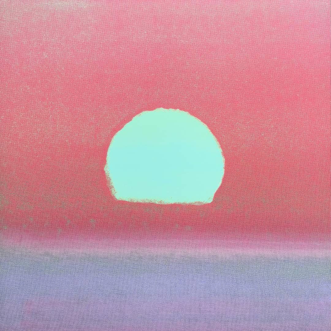 Abstract minimalist painting featuring a pastel sunset with a coral-pink sky, a pale mint-green sun, and a lavender-blue horizon.