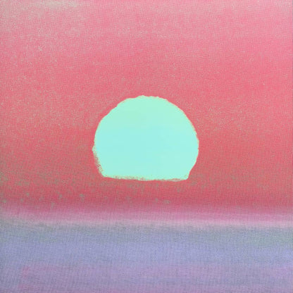 Abstract minimalist painting featuring a pastel sunset with a coral-pink sky, a pale mint-green sun, and a lavender-blue horizon.