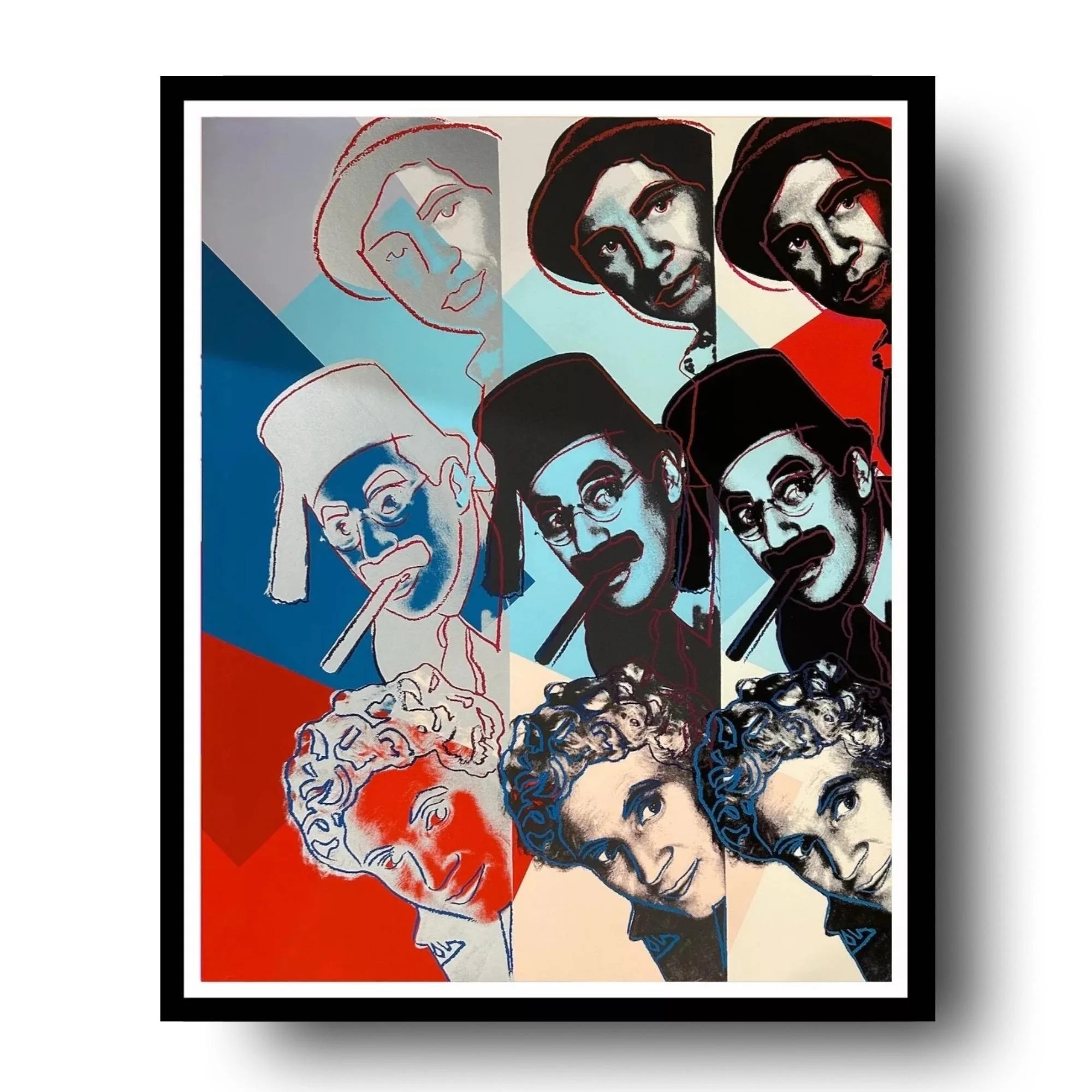 Framed artwork with stylized portraits of a man and woman on a colorful background