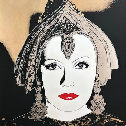 Illustration of a woman's face (Greta Garbo) with red lipstick and an ornate headpiece on a black background