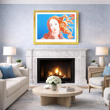 Living room with a fireplace, sofa, and artwork above the mantel.