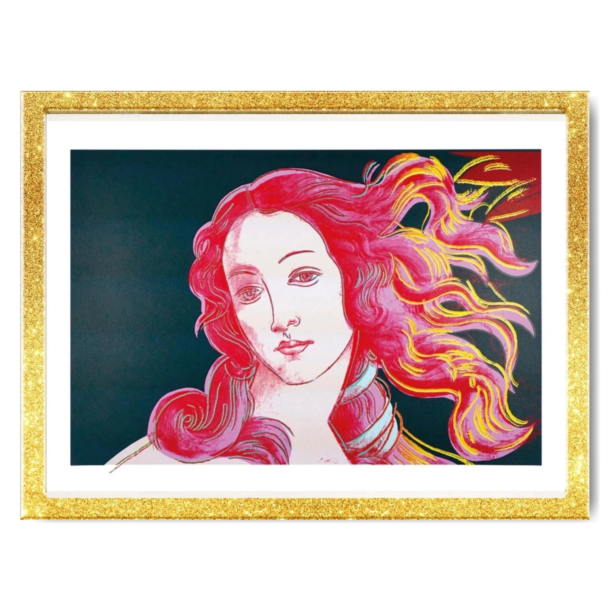 Framed artwork of a woman with vibrant red and yellow hair on a dark background.