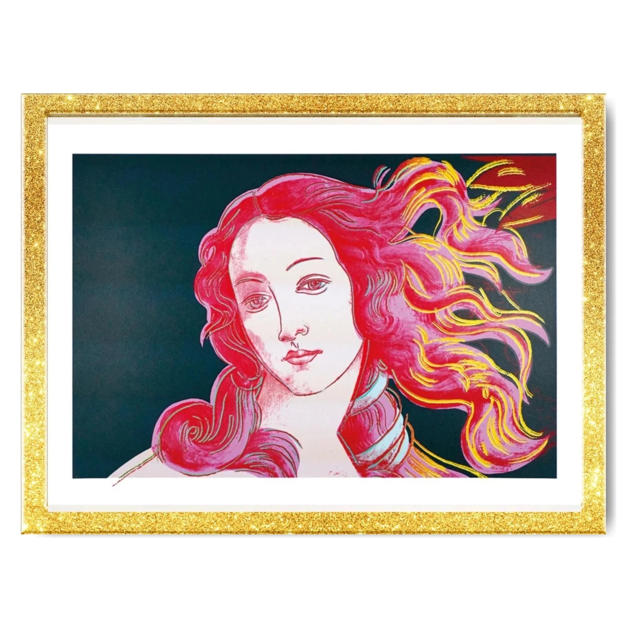 Framed artwork of a woman with vibrant red and yellow hair on a dark background.