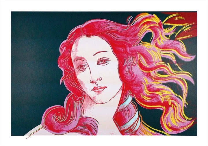 Artistic depiction of a woman with vibrant red and yellow hair against a dark background