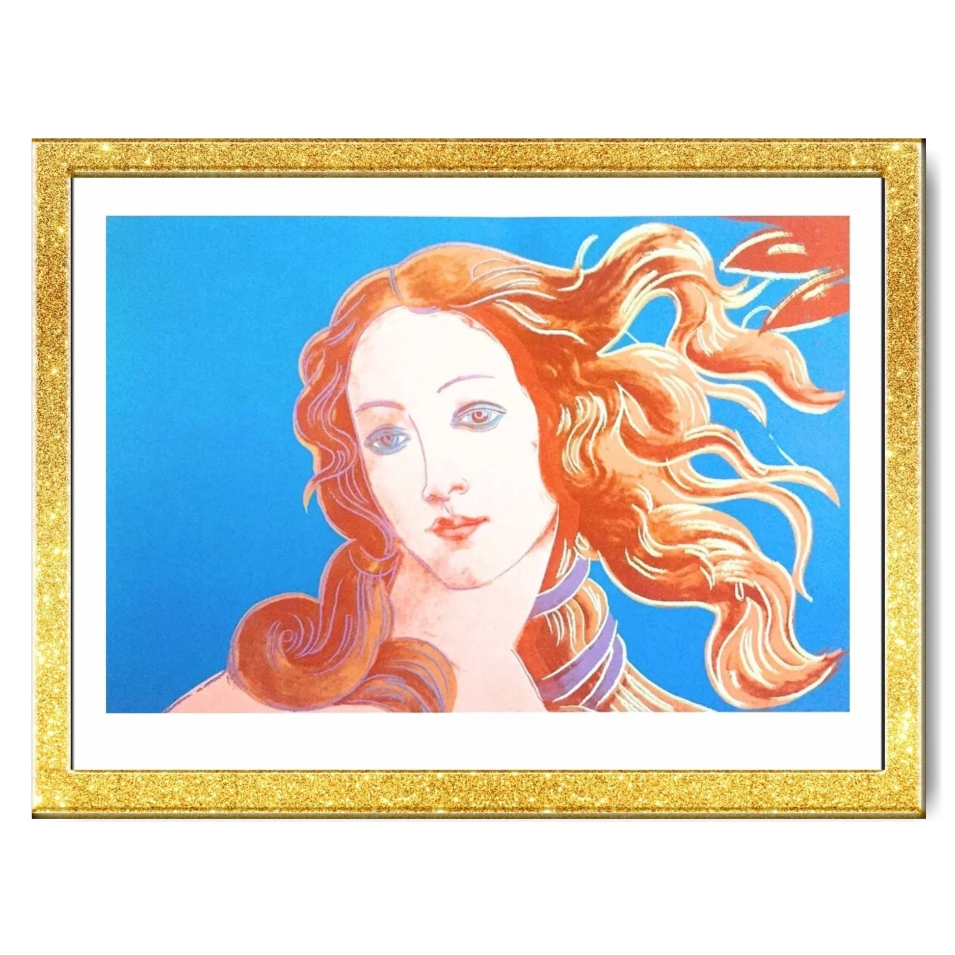 Framed artwork of a woman with flowing hair against a blue background