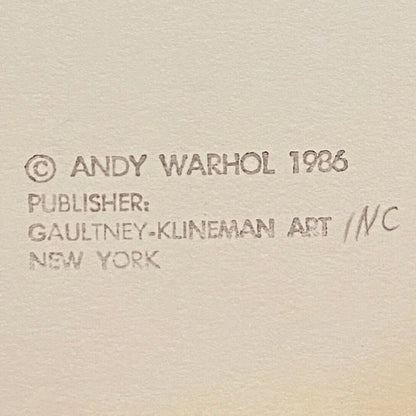 Copyright notice for Andy Warhol from 1986, published by Gaultney-Klineman Art Inc., New York.