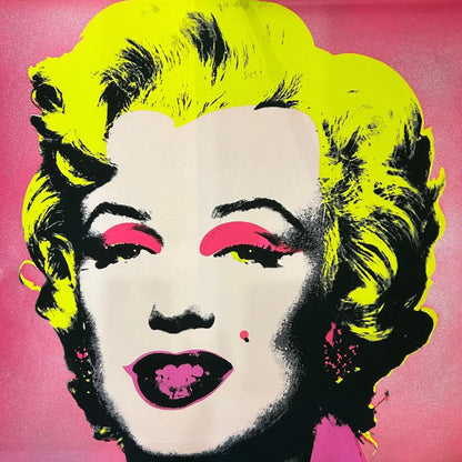 Artwork of a famous Andy Warhol pop art portrait Marilyn #31 with diamond dust background with bright colors on a pink background