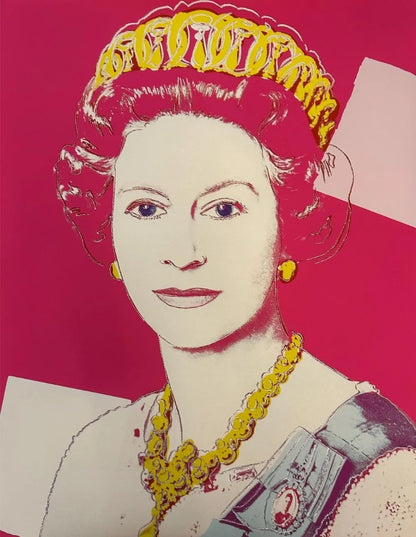 Stylized portrait of a woman with a tiara and jewelry on a pink background