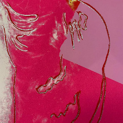 Abstract art with red and white lines on a pink background