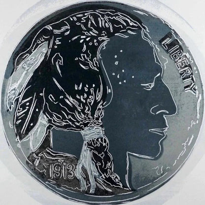 Silver coin with a profile of a Native American and the word 'Liberty' on a white background