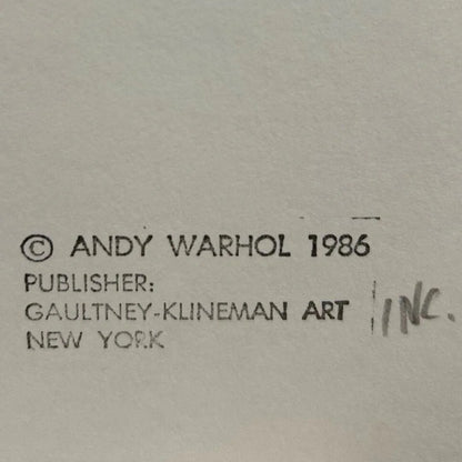 Text indicating copyright by Andy Warhol from 1986, published by Gaultney-Klineman Art Inc. in New York.