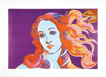 Colorful artwork of a woman's face with flowing hair on a purple background