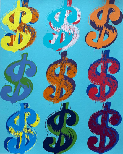 ANDY WARHOL- 2 Piece Pkg: “9 Dollar Bill"- Two Trial-Silkscreens- Black & Blue Bkgrd- 40x32" Superb Quality- Both Beautiful