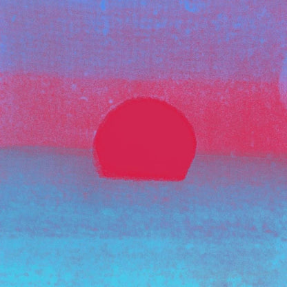 Abstract art with a red sunset on a pink and blue gradient background