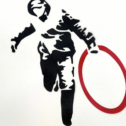 Black silhouette of a person with a red circle on a white background
