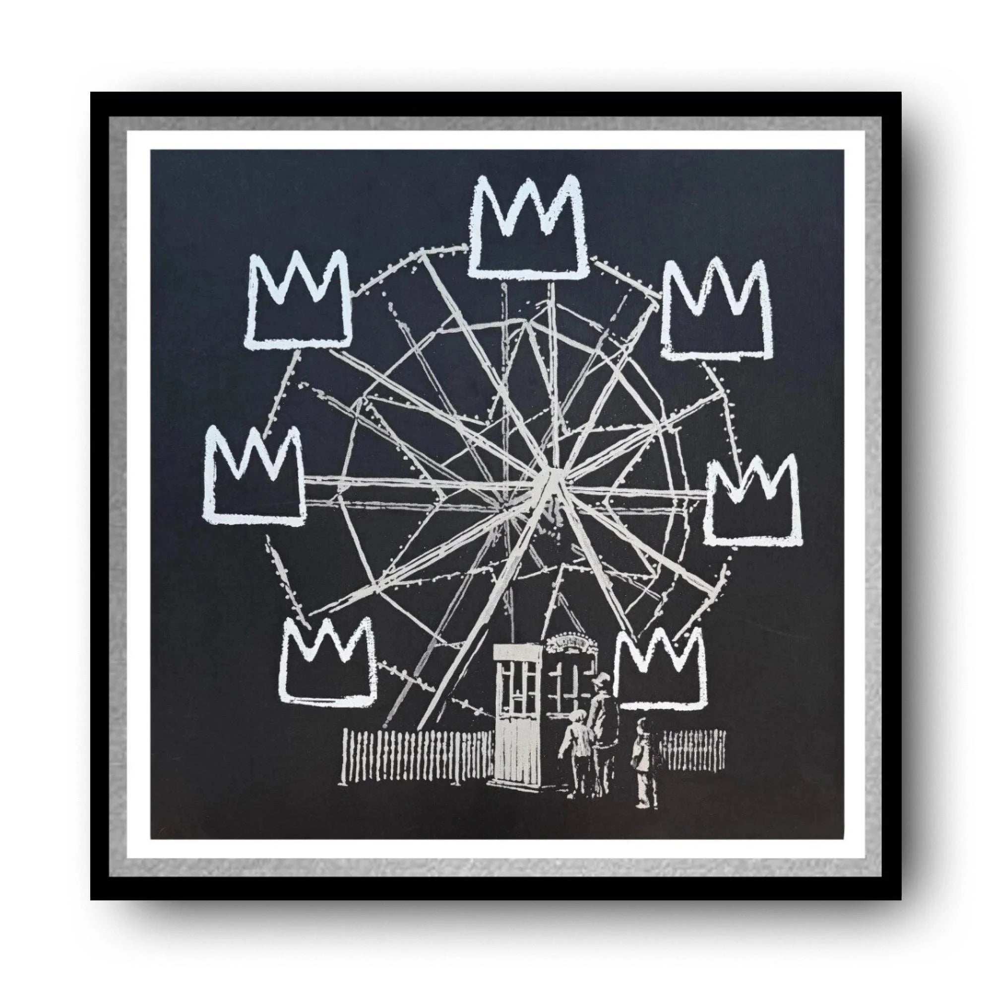 Framed artwork of a ferris wheel with crowns on a black background. BANKSY BANKSQUAIT