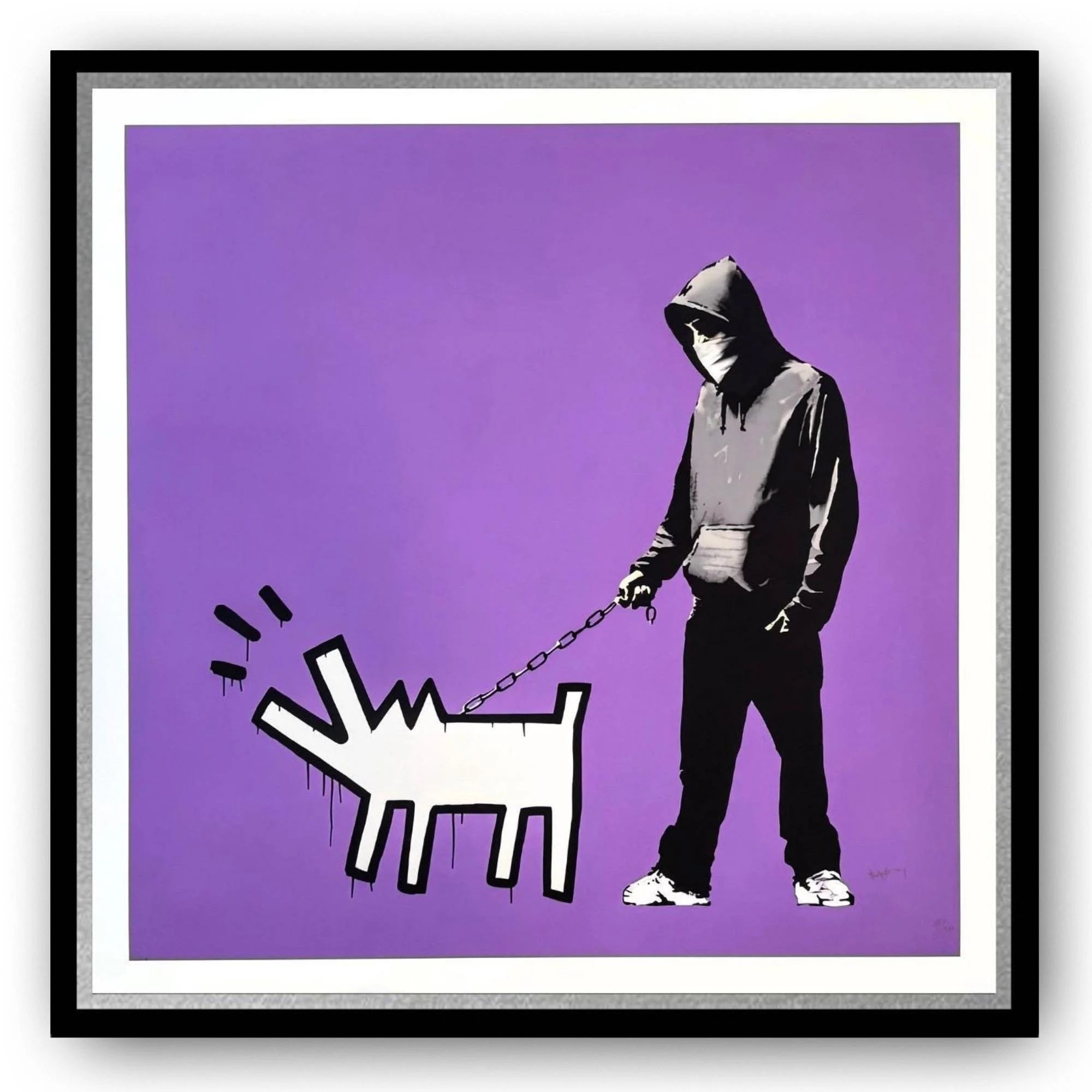 Framed Banksy artwork of a person in a hoodie walking a dog on a leash against a purple background.