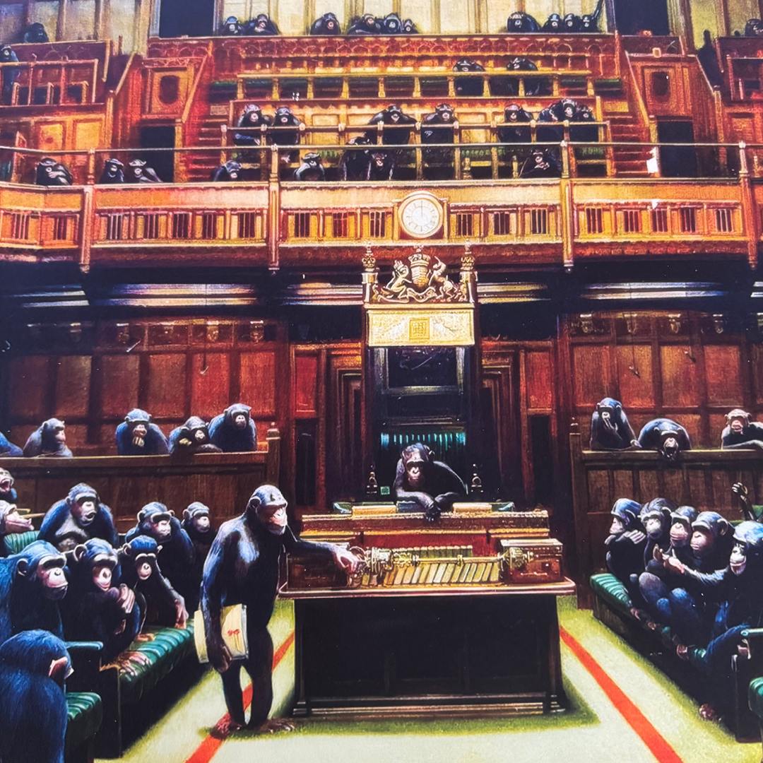Banksy – "Monkey Parliament"- Signed Screenprint- Size 37 x 24" Iconic Graffiti Street Art- A Beauty