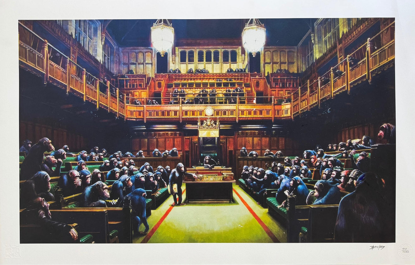 Banksy – "Monkey Parliament"- Signed Screenprint- Size 37 x 24" Iconic Graffiti Street Art- A Beauty