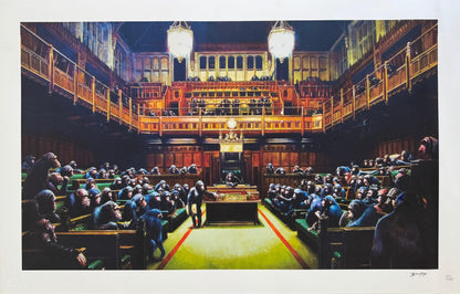 Banksy – "Monkey Parliament"- Signed Screenprint- Size 37 x 24" Iconic Graffiti Street Art- A Beauty